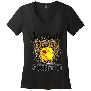 Softball Auntie Leopard Game Day Aunt Mother Women's V-Neck T-Shirt