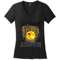 Softball Auntie Leopard Game Day Aunt Mother Women's V-Neck T-Shirt