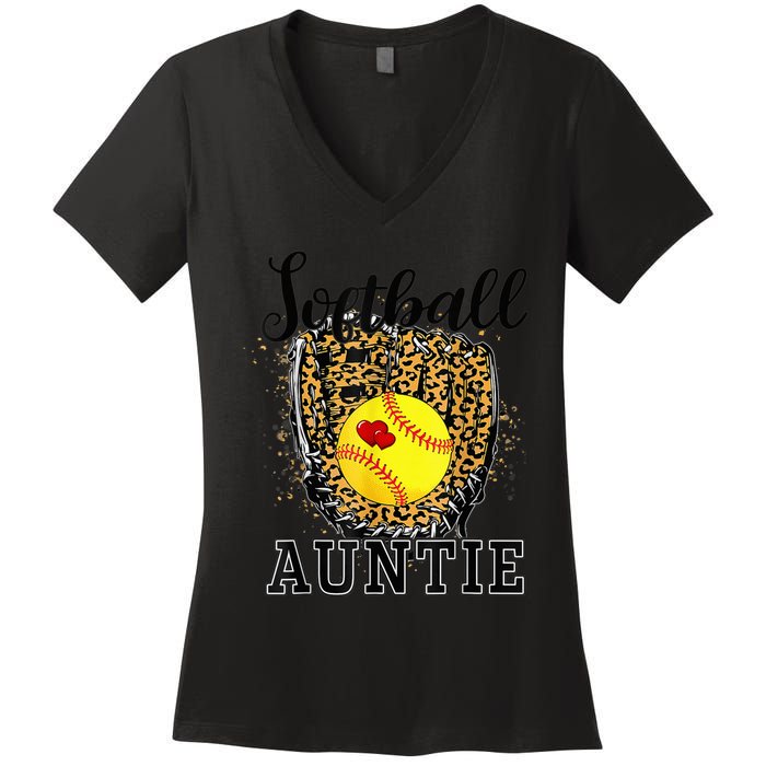 Softball Auntie Leopard Game Day Aunt Mother Women's V-Neck T-Shirt