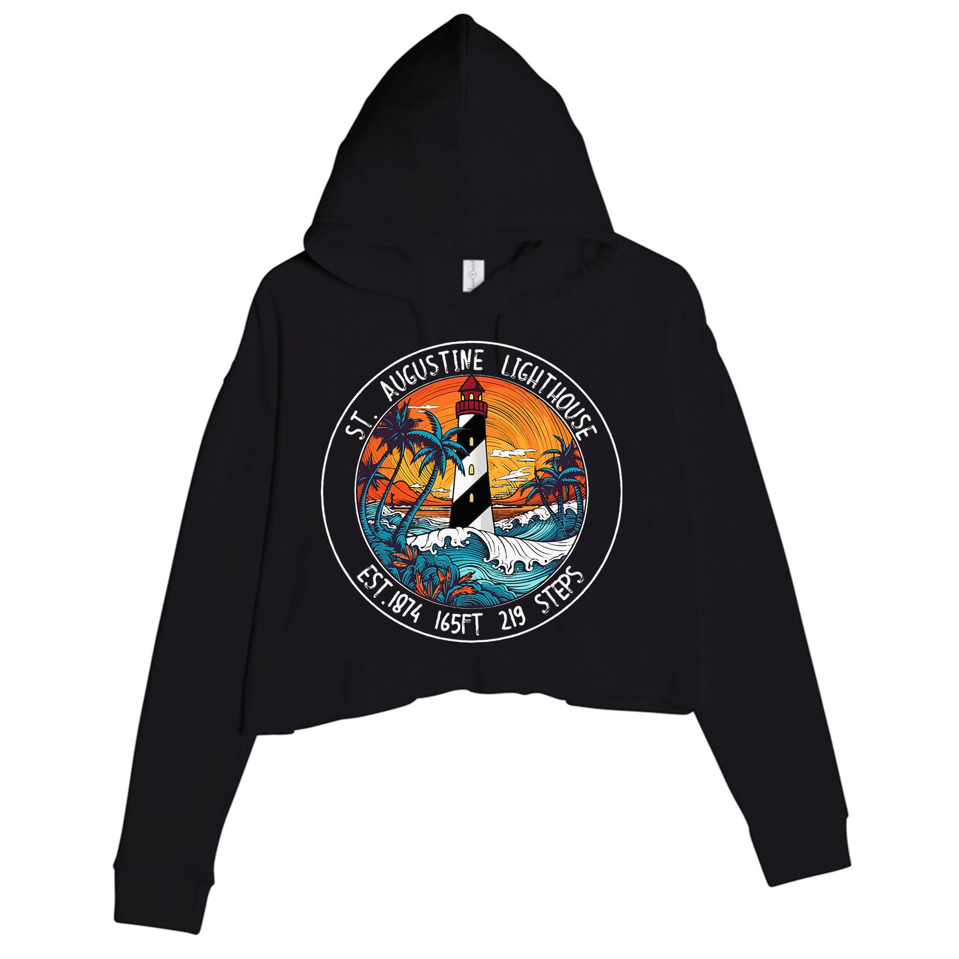 St. Augustine Lighthouse Florida Retro Sunset Palm Trees Crop Fleece Hoodie
