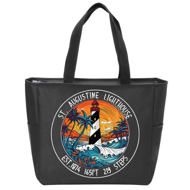 St. Augustine Lighthouse Florida Retro Sunset Palm Trees Zip Tote Bag