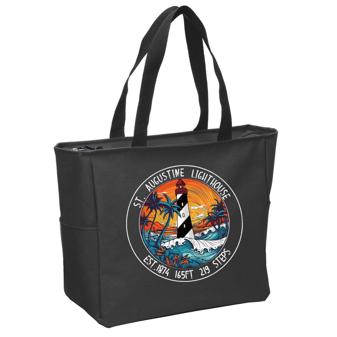 St. Augustine Lighthouse Florida Retro Sunset Palm Trees Zip Tote Bag