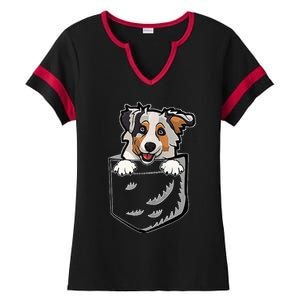 S Adorable Little Australian Shepherd Dog In The Pocket V Neck Ladies Halftime Notch Neck Tee