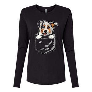 S Adorable Little Australian Shepherd Dog In The Pocket V Neck Womens Cotton Relaxed Long Sleeve T-Shirt