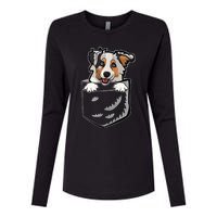 S Adorable Little Australian Shepherd Dog In The Pocket V Neck Womens Cotton Relaxed Long Sleeve T-Shirt