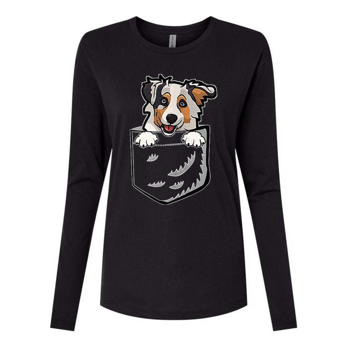 S Adorable Little Australian Shepherd Dog In The Pocket V Neck Womens Cotton Relaxed Long Sleeve T-Shirt