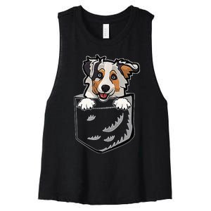 S Adorable Little Australian Shepherd Dog In The Pocket V Neck Women's Racerback Cropped Tank