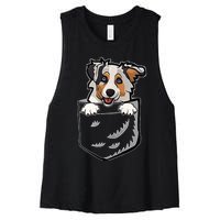 S Adorable Little Australian Shepherd Dog In The Pocket V Neck Women's Racerback Cropped Tank