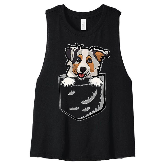 S Adorable Little Australian Shepherd Dog In The Pocket V Neck Women's Racerback Cropped Tank