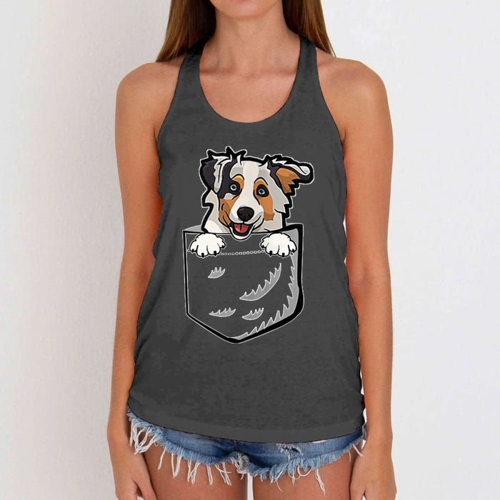 S Adorable Little Australian Shepherd Dog In The Pocket V Neck Women's Knotted Racerback Tank