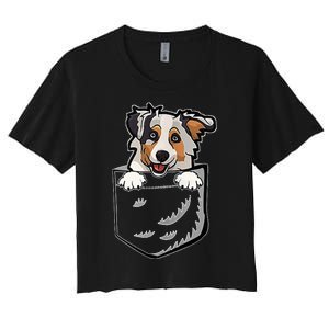 S Adorable Little Australian Shepherd Dog In The Pocket V Neck Women's Crop Top Tee