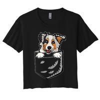 S Adorable Little Australian Shepherd Dog In The Pocket V Neck Women's Crop Top Tee