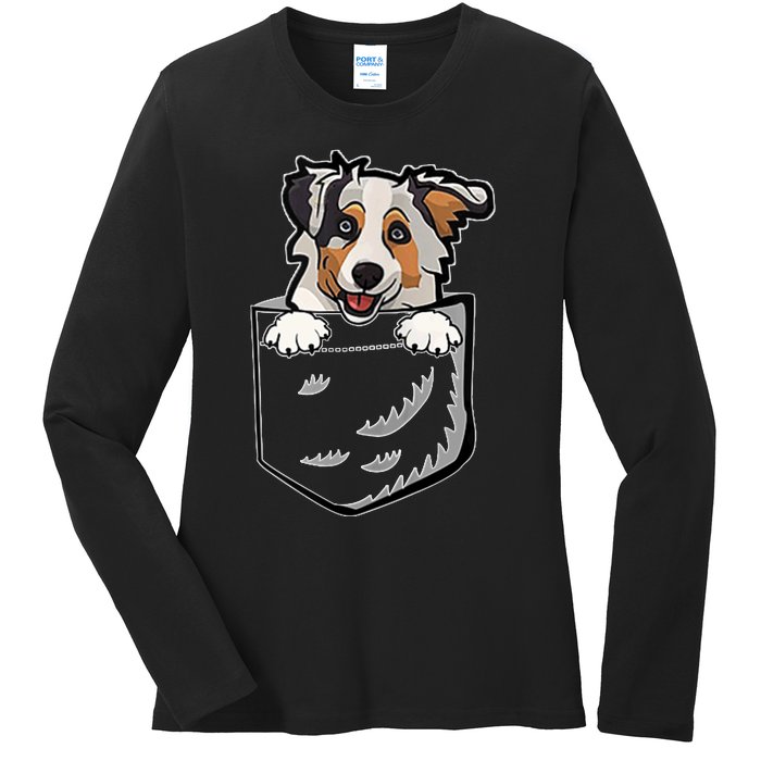 S Adorable Little Australian Shepherd Dog In The Pocket V Neck Ladies Long Sleeve Shirt