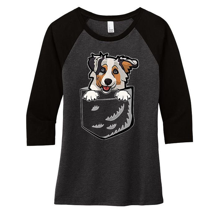 S Adorable Little Australian Shepherd Dog In The Pocket V Neck Women's Tri-Blend 3/4-Sleeve Raglan Shirt