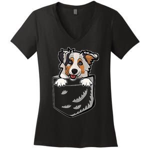 S Adorable Little Australian Shepherd Dog In The Pocket V Neck Women's V-Neck T-Shirt