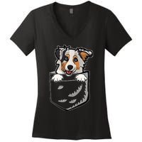 S Adorable Little Australian Shepherd Dog In The Pocket V Neck Women's V-Neck T-Shirt