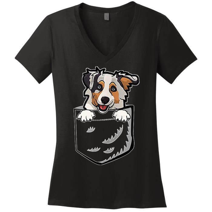 S Adorable Little Australian Shepherd Dog In The Pocket V Neck Women's V-Neck T-Shirt