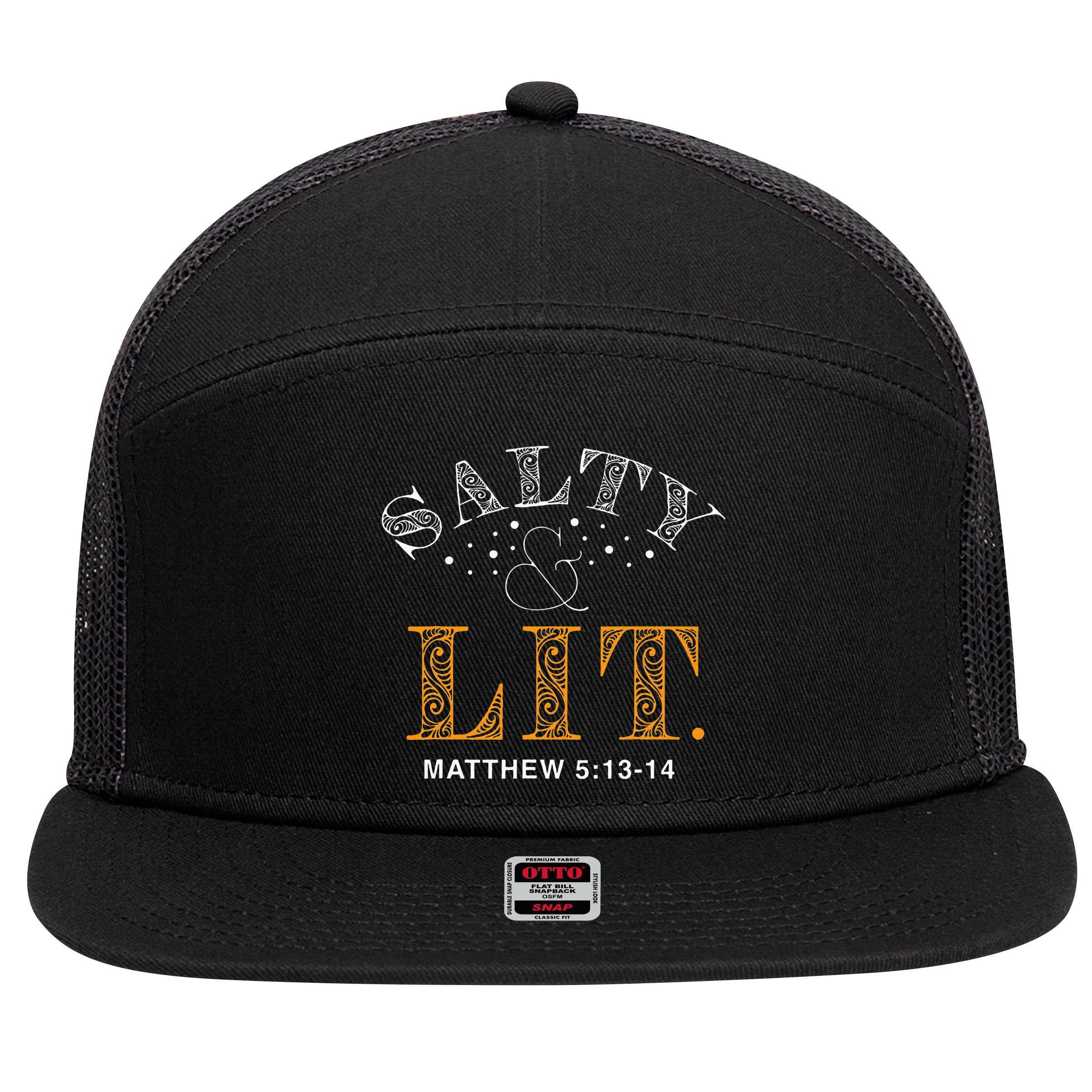 Salty And Lit Christian Bible Verse Religious 7 Panel Mesh Trucker Snapback Hat