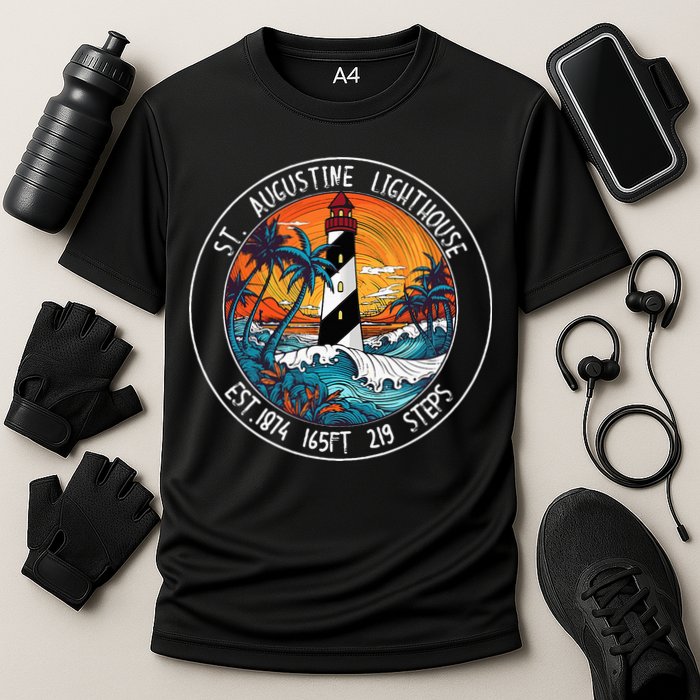 St. Augustine Lighthouse Florida Retro Sunset Palm Trees Cooling Performance Crew T-Shirt