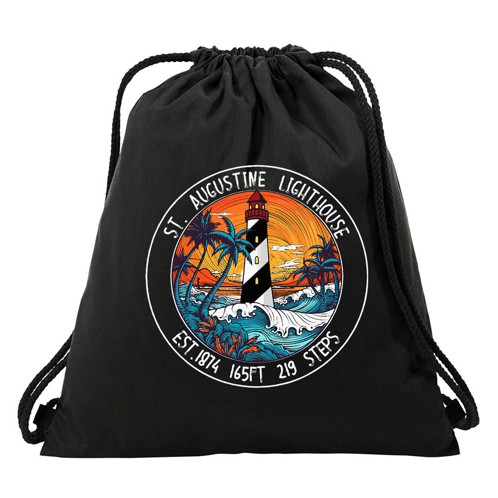 St. Augustine Lighthouse Florida Retro Sunset Palm Trees Drawstring Bag