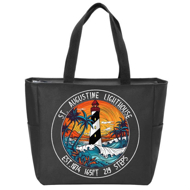 St. Augustine Lighthouse Florida Retro Sunset Palm Trees Zip Tote Bag