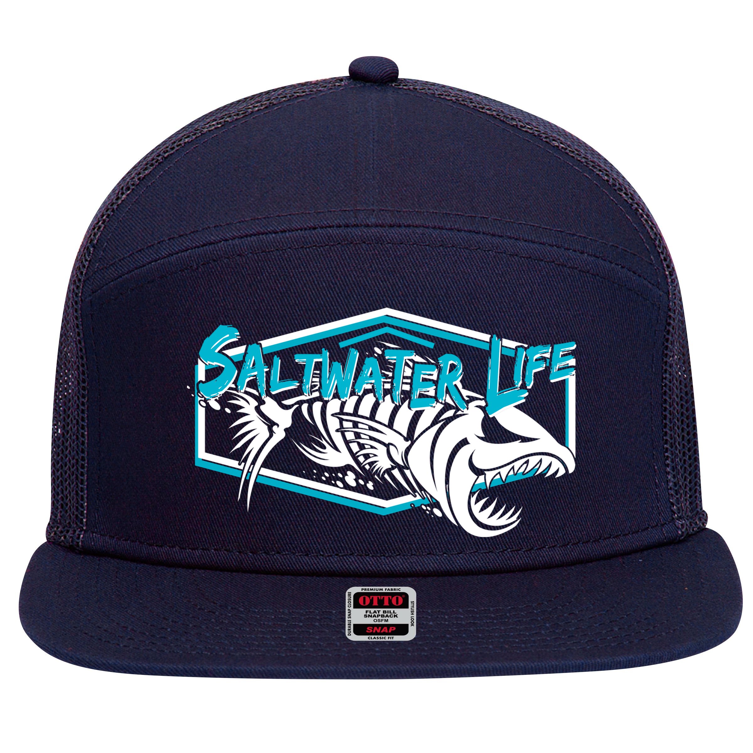 Saltwater Life Fish Skeleton Logo 7 Panel Mesh Trucker Snapback Hat