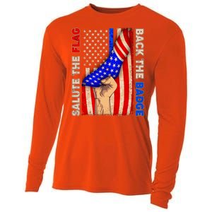 Salute The Flag Back The Badge American Thin Blue Line Cooling Performance Long Sleeve Crew