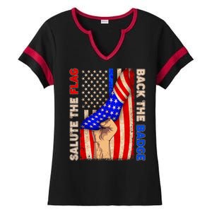 Salute The Flag Back The Badge American Thin Blue Line Ladies Halftime Notch Neck Tee