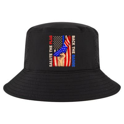 Salute The Flag Back The Badge American Thin Blue Line Cool Comfort Performance Bucket Hat