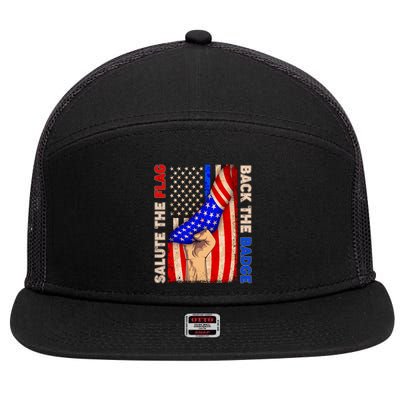Salute The Flag Back The Badge American Thin Blue Line 7 Panel Mesh Trucker Snapback Hat