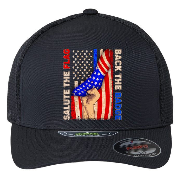 Salute The Flag Back The Badge American Thin Blue Line Flexfit Unipanel Trucker Cap