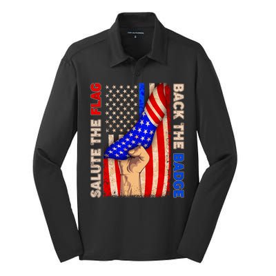 Salute The Flag Back The Badge American Thin Blue Line Silk Touch Performance Long Sleeve Polo