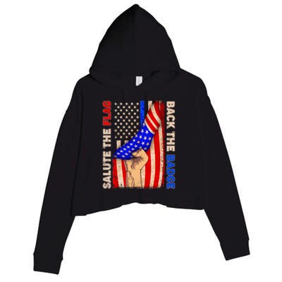 Salute The Flag Back The Badge American Thin Blue Line Crop Fleece Hoodie