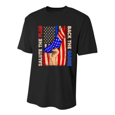 Salute The Flag Back The Badge American Thin Blue Line Youth Performance Sprint T-Shirt