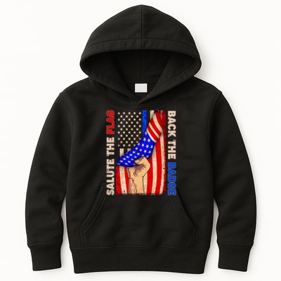 Salute The Flag Back The Badge American Thin Blue Line Kids Hoodie