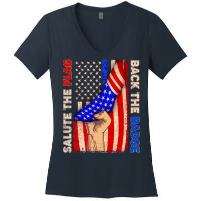 Salute The Flag Back The Badge American Thin Blue Line Women's V-Neck T-Shirt