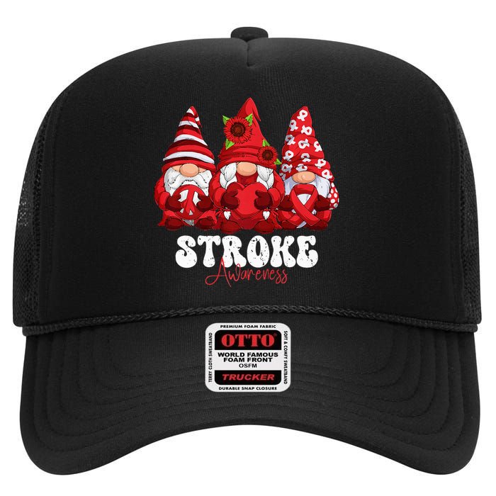 Stroke Awareness Month Red Ribbon Gnomies  High Crown Mesh Back Trucker Hat