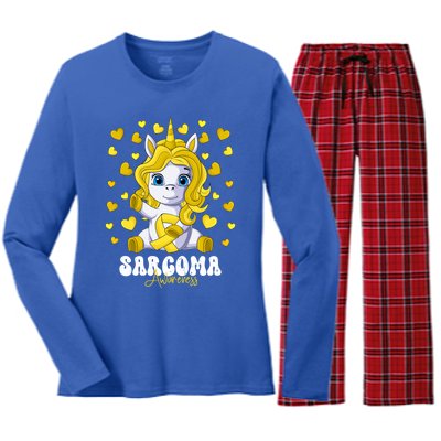 Sarcoma Awareness Month Yellow Ribbon Unicorn Great Gift Women's Long Sleeve Flannel Pajama Set 