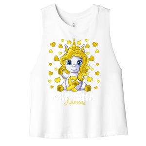 Sarcoma Awareness Month Yellow Ribbon Unicorn Great Gift Women's Racerback Cropped Tank