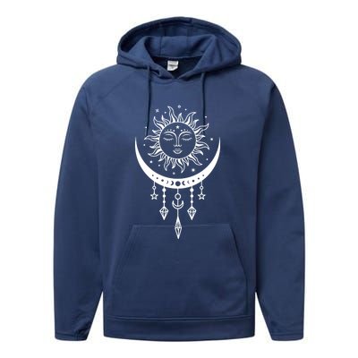 Sun And Moon Celestial Boho Mystical Print Witchy Magic Moon Performance Fleece Hoodie