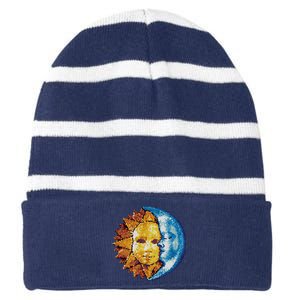 Sun And Moon Mosaic Astrology Striped Beanie with Solid Band