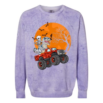 Skeleton And Mummy Dinosaur Riding Monster Truck Halloween Day Great Gift Colorblast Crewneck Sweatshirt