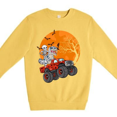 Skeleton And Mummy Dinosaur Riding Monster Truck Halloween Day Great Gift Premium Crewneck Sweatshirt