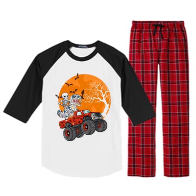 Skeleton And Mummy Dinosaur Riding Monster Truck Halloween Day Great Gift Raglan Sleeve Pajama Set