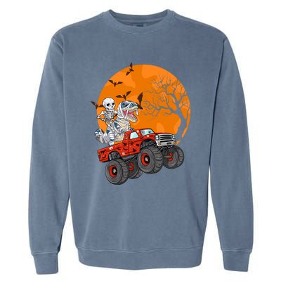 Skeleton And Mummy Dinosaur Riding Monster Truck Halloween Day Great Gift Garment-Dyed Sweatshirt