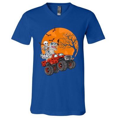 Skeleton And Mummy Dinosaur Riding Monster Truck Halloween Day Great Gift V-Neck T-Shirt