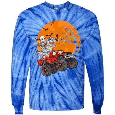 Skeleton And Mummy Dinosaur Riding Monster Truck Halloween Day Great Gift Tie-Dye Long Sleeve Shirt