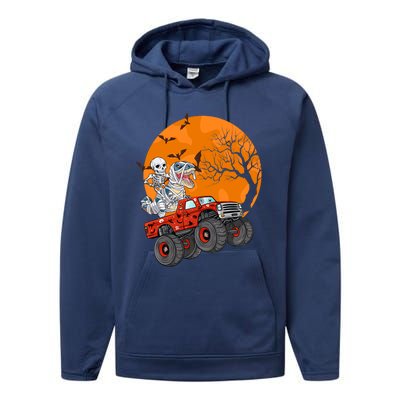 Skeleton And Mummy Dinosaur Riding Monster Truck Halloween Day Great Gift Performance Fleece Hoodie