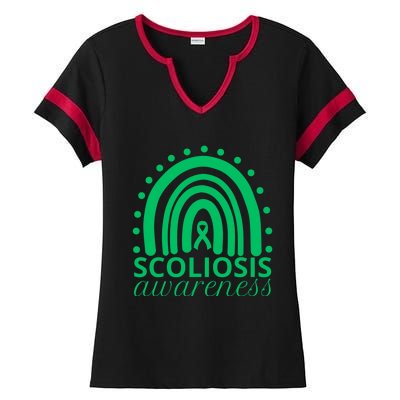 Scoliosis Awareness Month Ribbon Green Rainbow Gift Ladies Halftime Notch Neck Tee