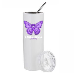 Sarcoidosis Awareness Month Purple Ribbon Butterfly Cool Gift Stainless Steel Tumbler